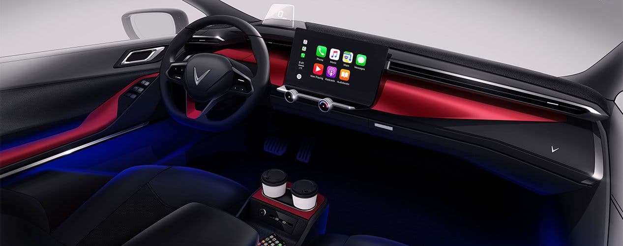Interior design sketch for a VinFast EV, curated red panels and modern spacing