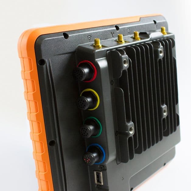 Back of the unit showing plugins and radiator fins