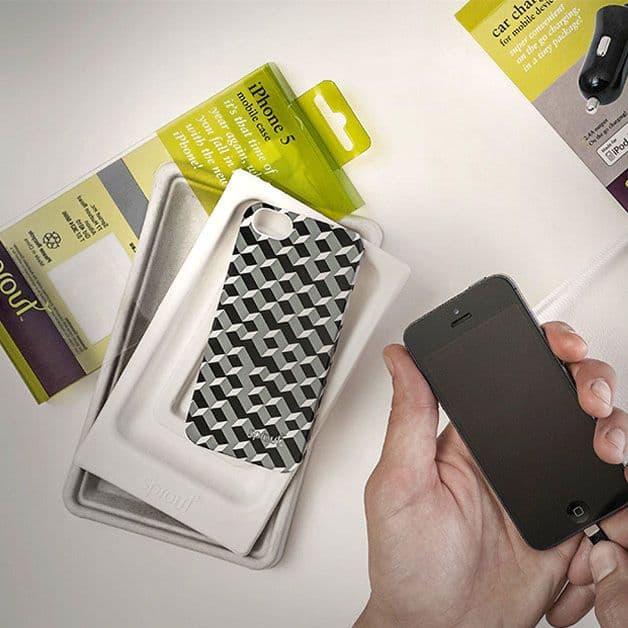 Packaging for phone cases, open on table