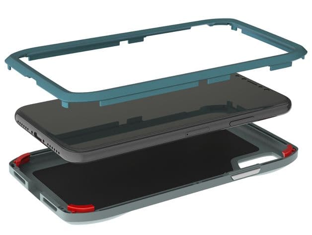Phone case in teal, showing layers