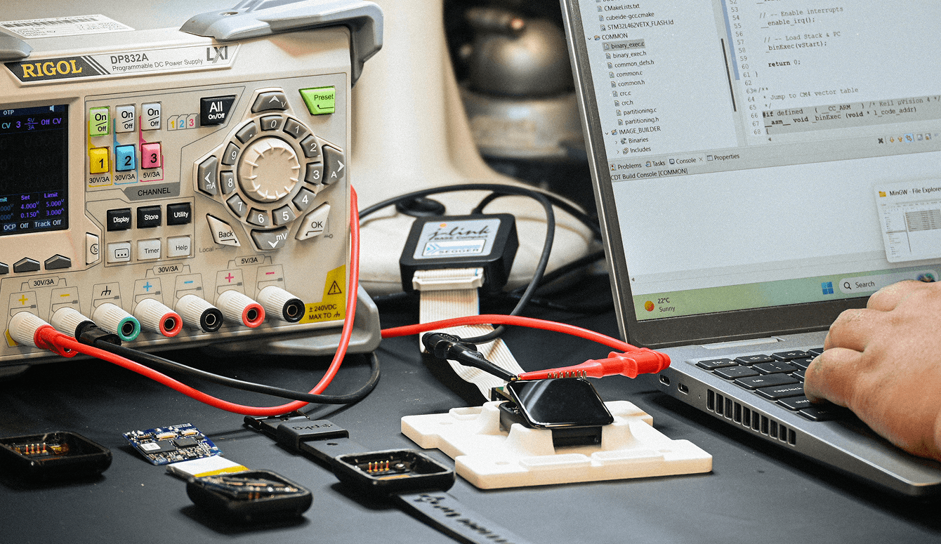 An engineer testing a small item on a workbench