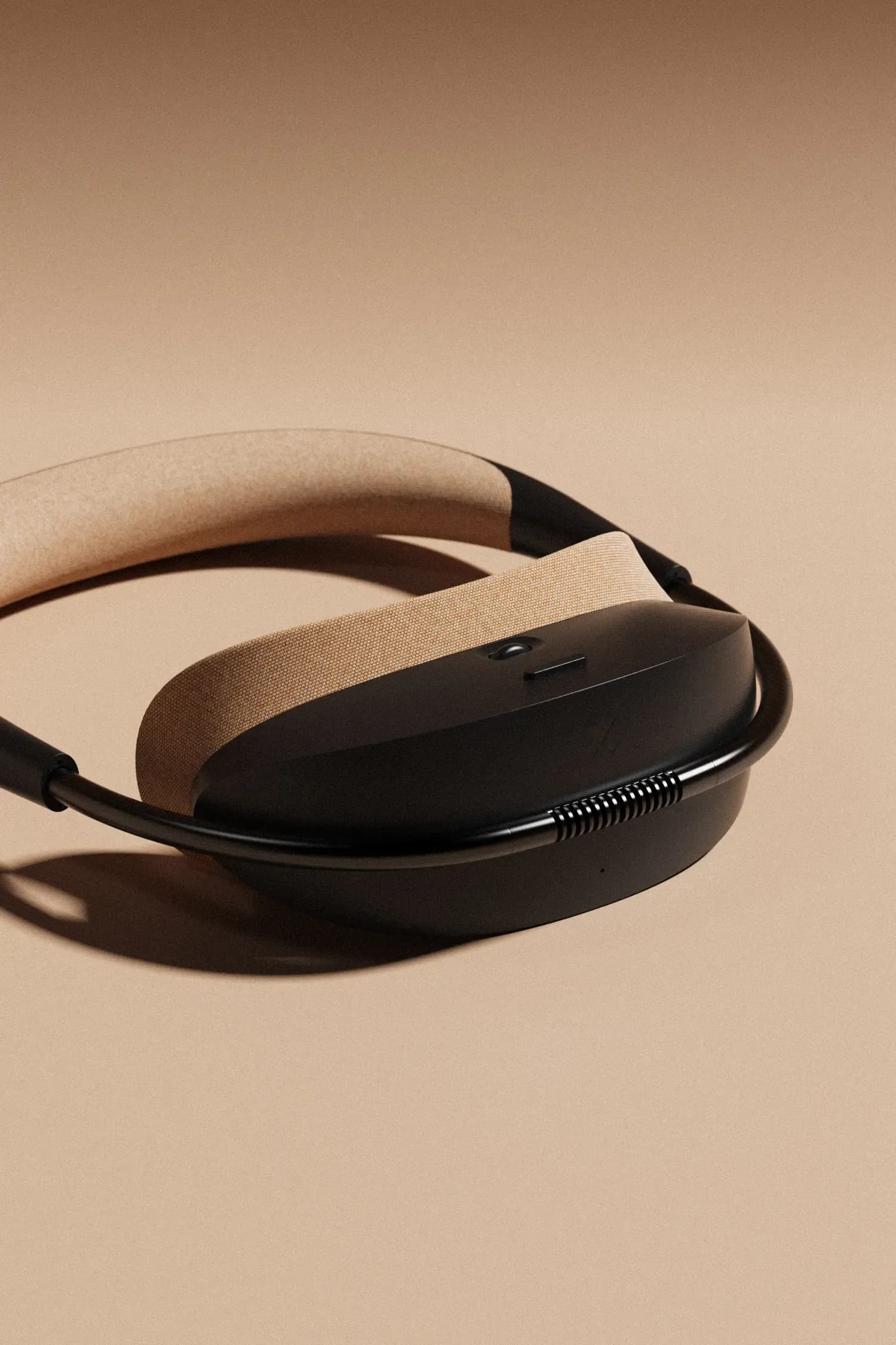 Headset in scene, tones in warm mocha colors
