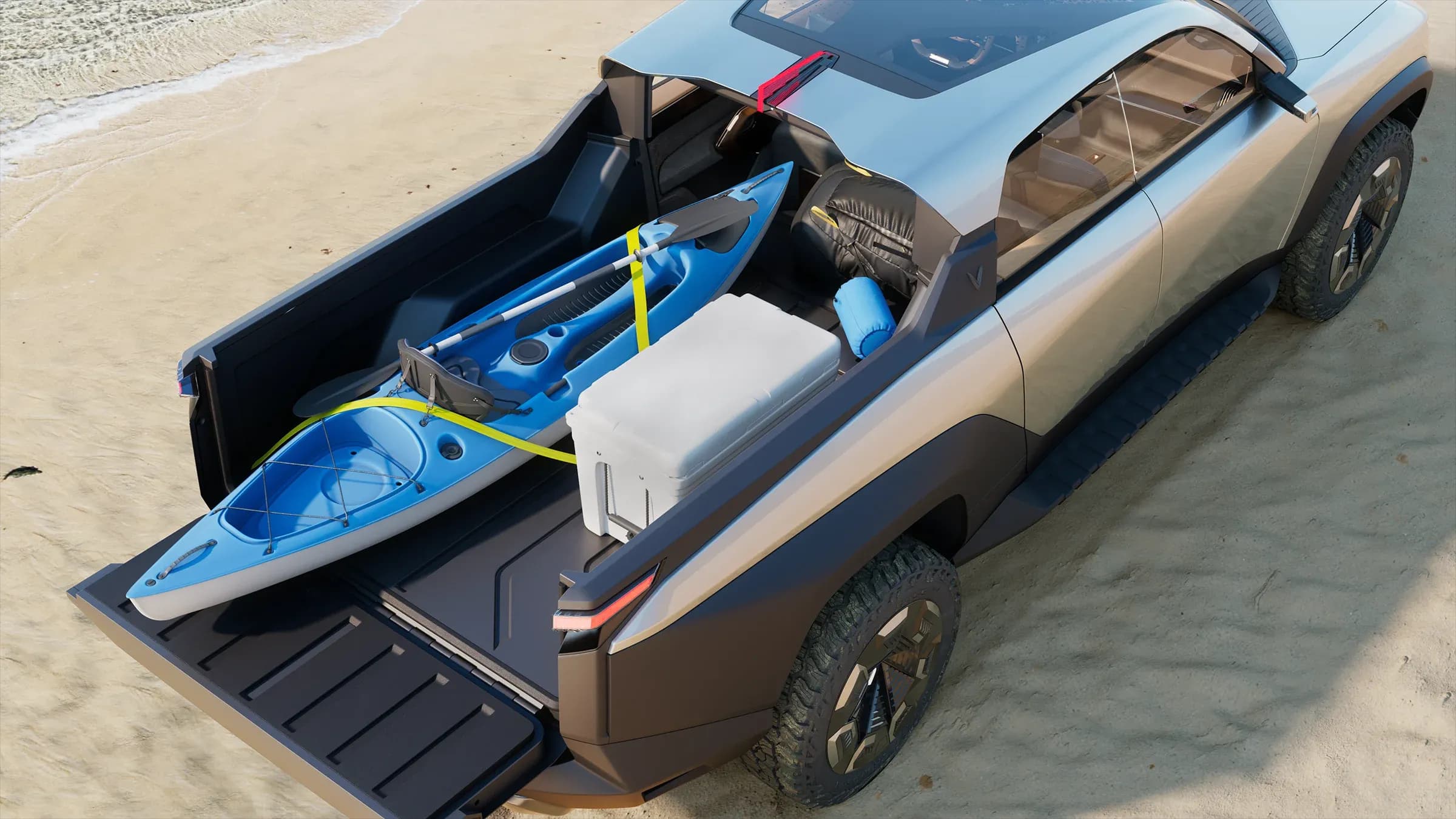 Vinfast flatbed, with a kayak and storage inside. The tailgate is down to make extra room.