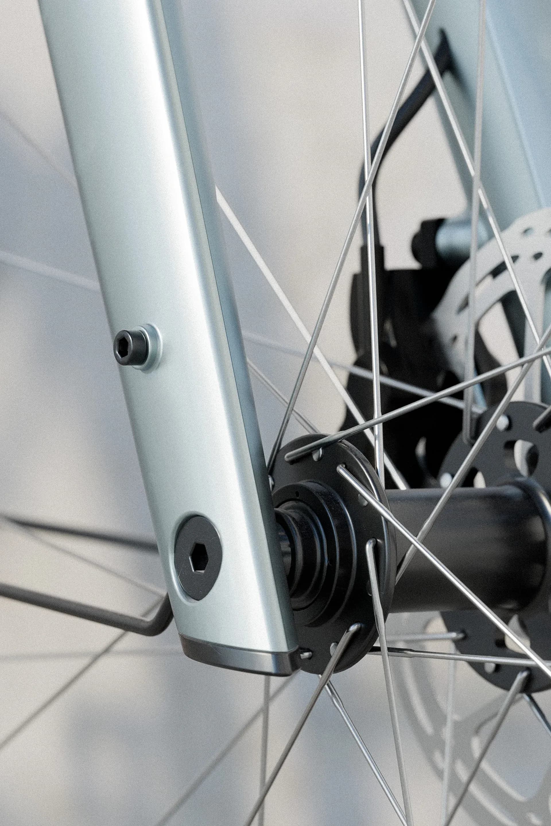 Closeup view of the main wheel bolt and spokes