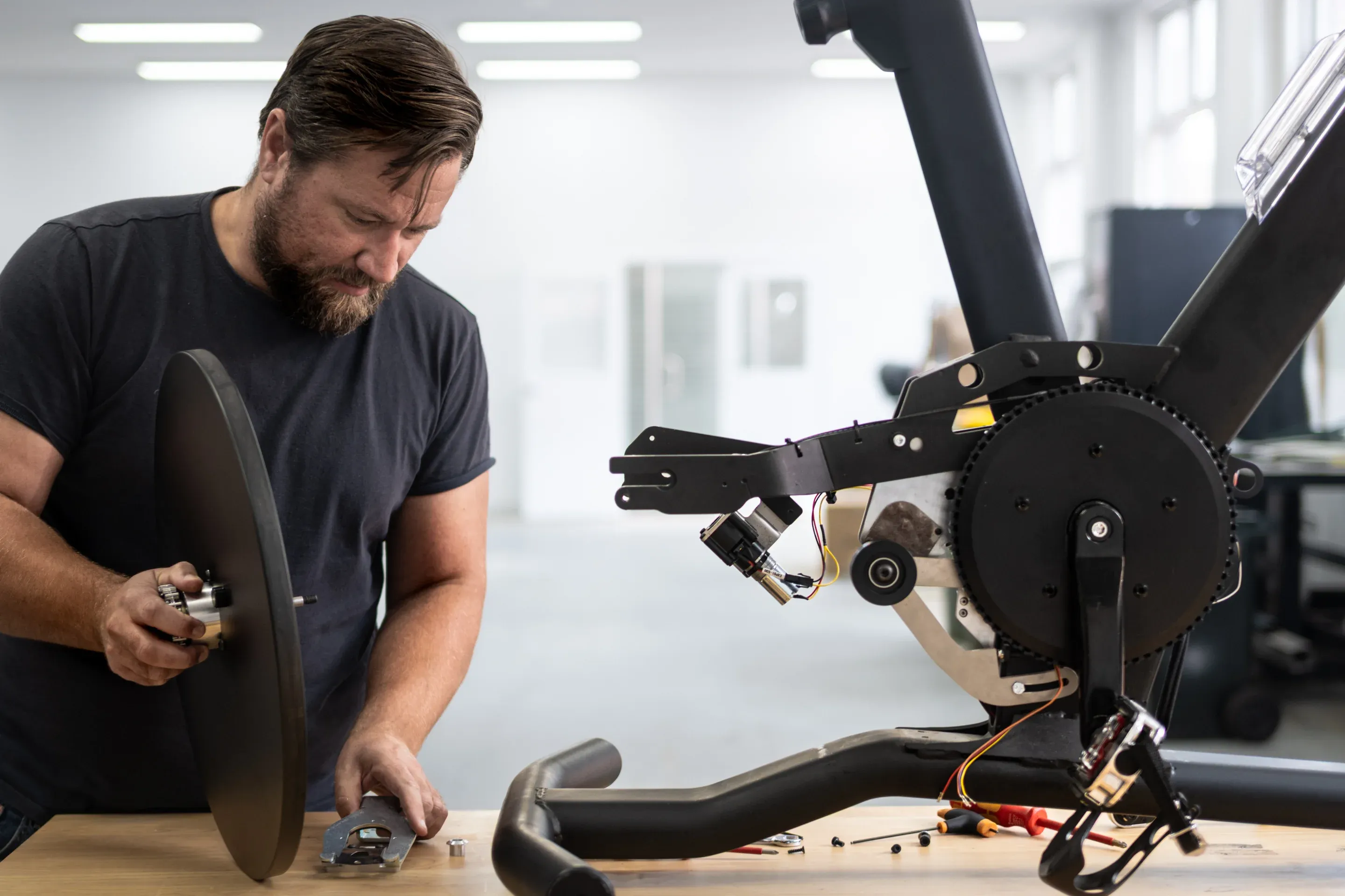 Technician assembling the main flywheel
