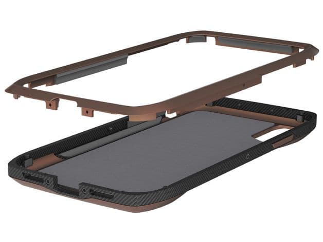 Phone case in copper, showing layers