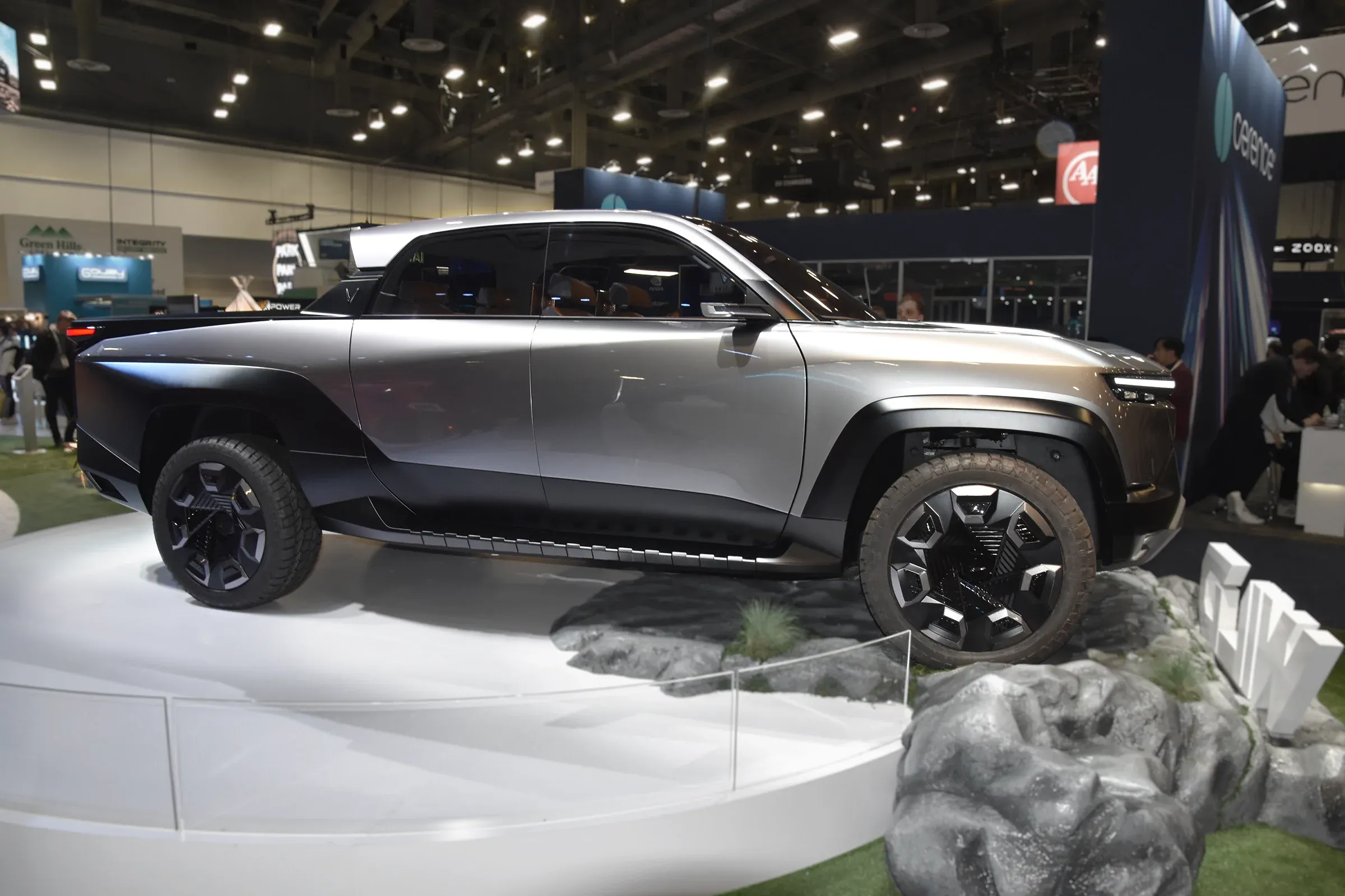 Actual vinfast truck at CES Design Expo, seen from the side