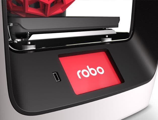 Closeup of the logo, usb port and built plate