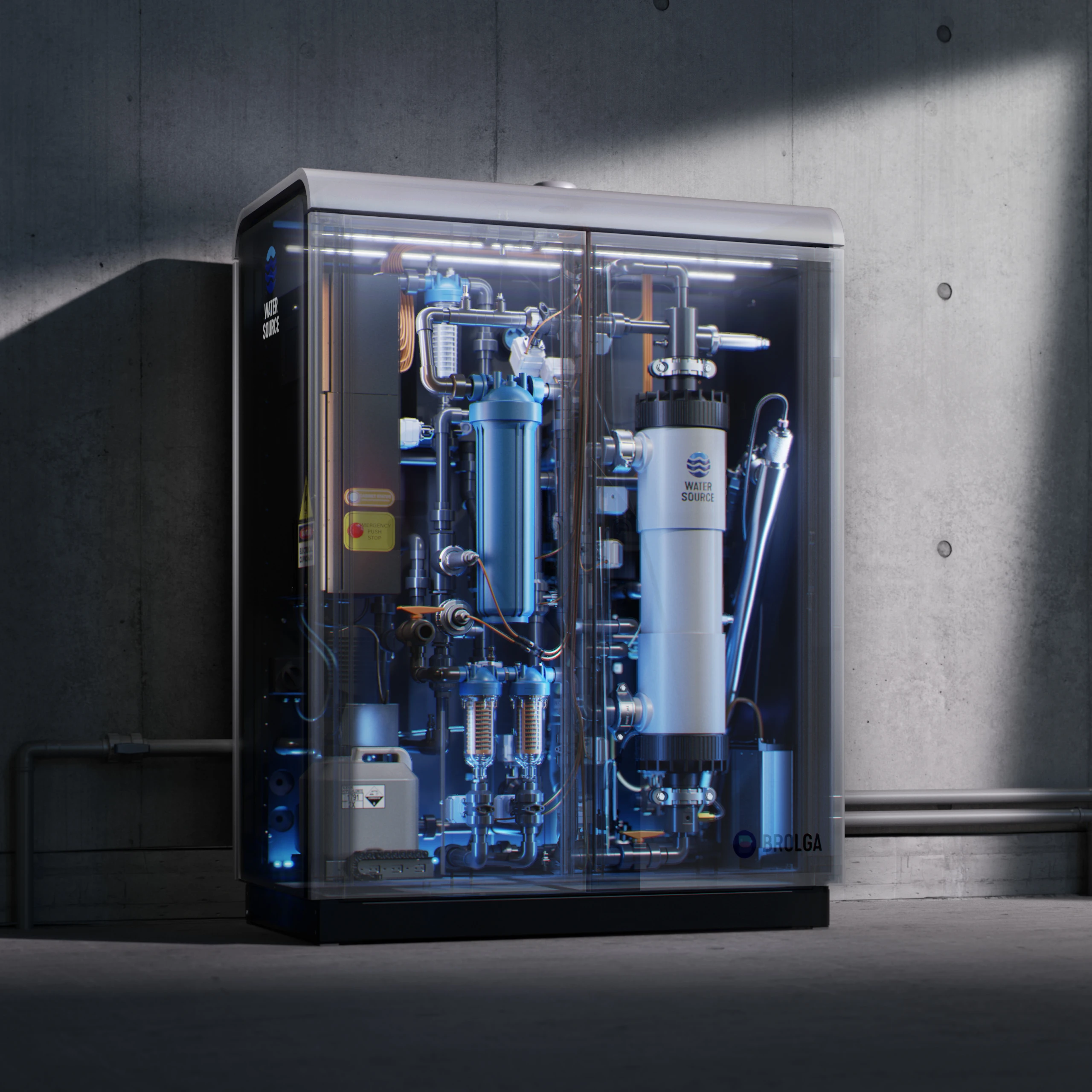 Product rendering of the Outerspace designed Micro water filtration system for Watersource. The unit delivers 30 000 Litres of fresh drinking water daily. The image shows an x-ray view of the brain of the system and how it is interconnected.