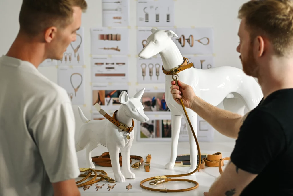 Product photography of the award winning Outerspace designed dog collar and leash for Dogloc. Dogloc is an integrated dog locking system designed to securely lock your pet for brief periods of time. Integrated Security cable, and barrell lock. Stress and break tested.