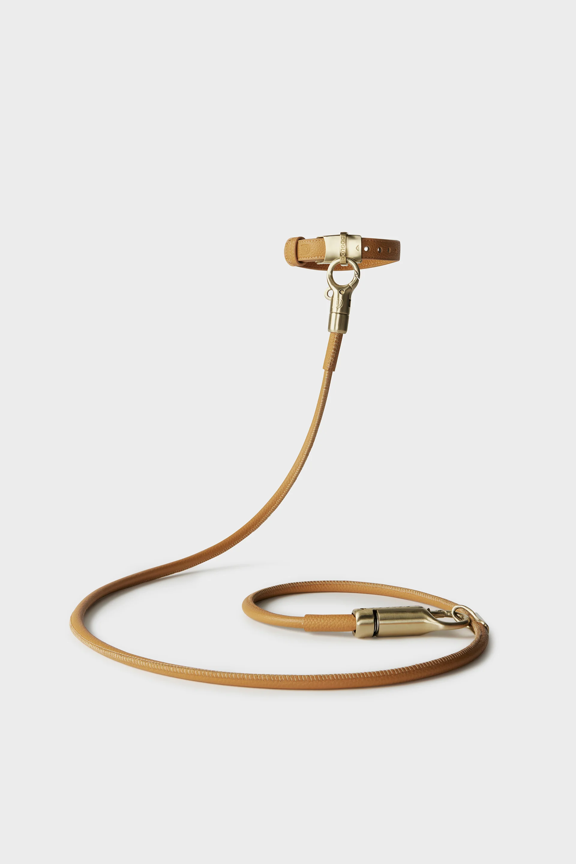 Product photography of the award winning Outerspace designed dog collar and leash for Dogloc. Dogloc is an integrated dog locking system designed to securely lock your pet for brief periods of time. Integrated Security cable, and barrell lock. Stress and break tested.