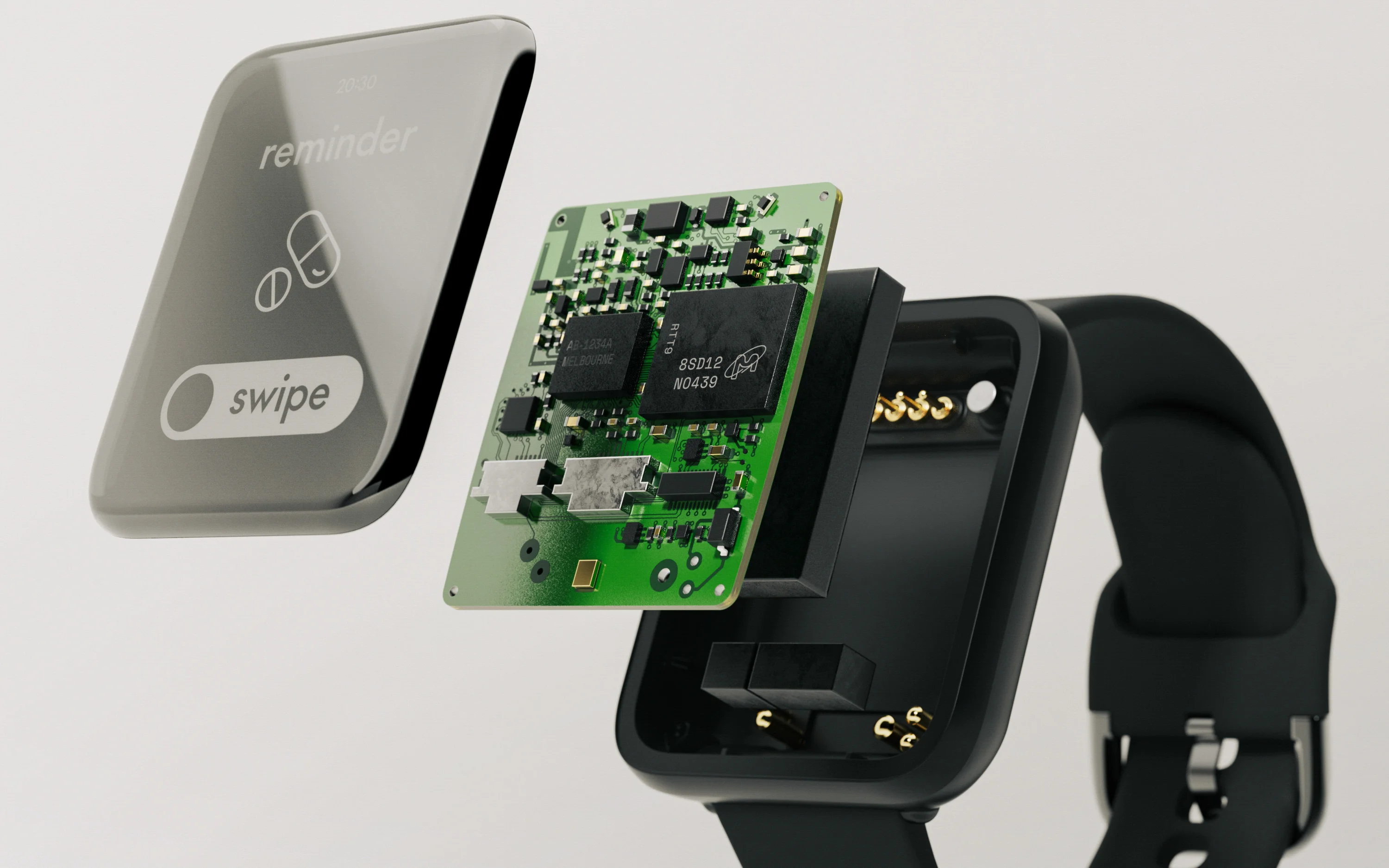 Product rendering of the PCB layout in the Outerspace developed Parkinson's tracking watch for Global Kinetics.