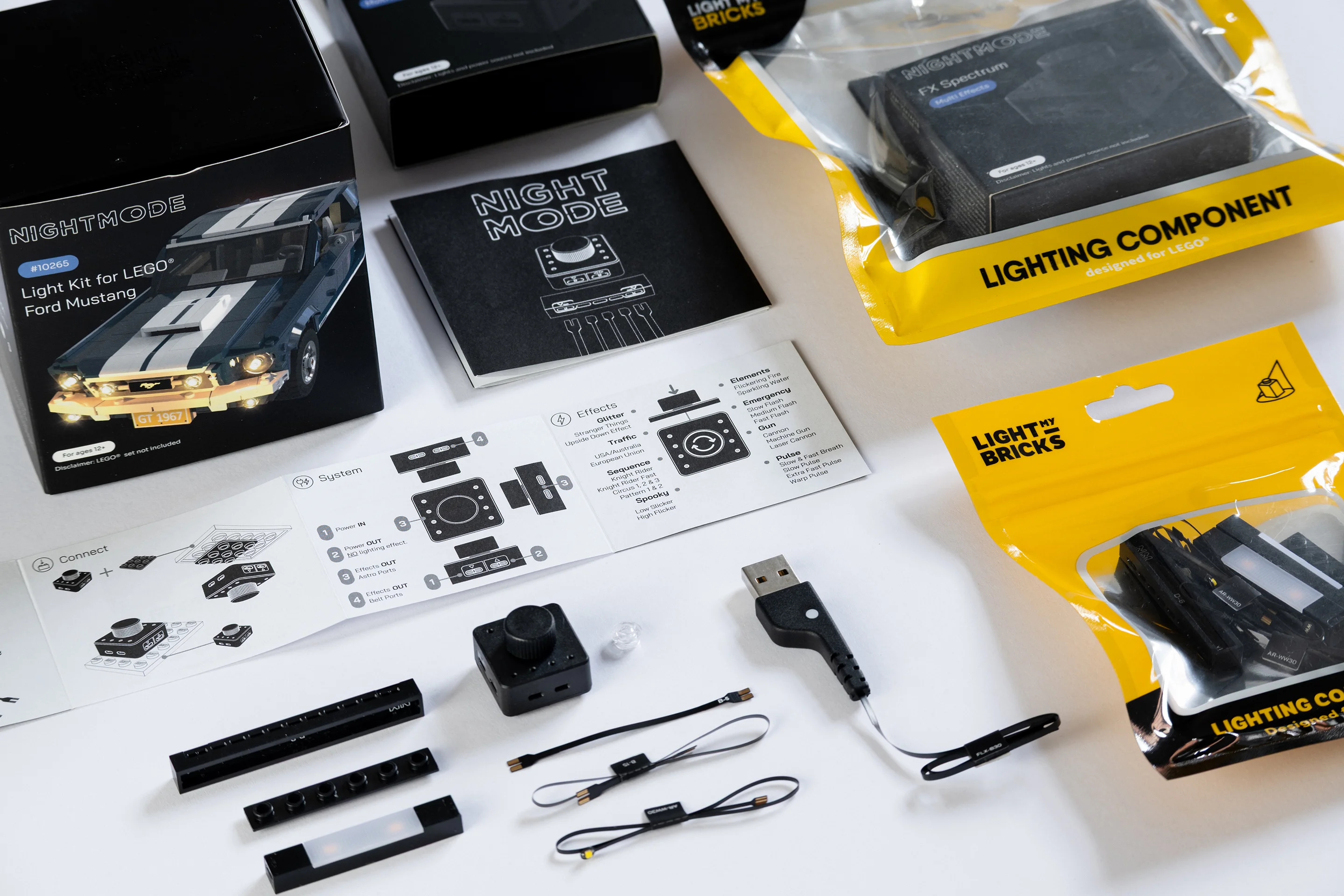 Product photography of the Outerspace designed Light My Bricks kit. Flexible PCBS, modular LEDS and wiring designed specifically to work with Lego kits.