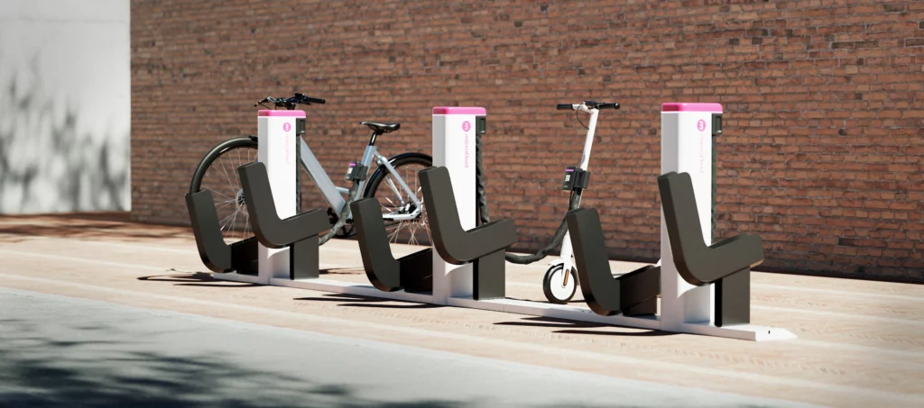 A product rendering of the OneDock microFleet charging system. Designed and Engineered by Outerspace to securely lock and charge micro-mobility electric vehicles