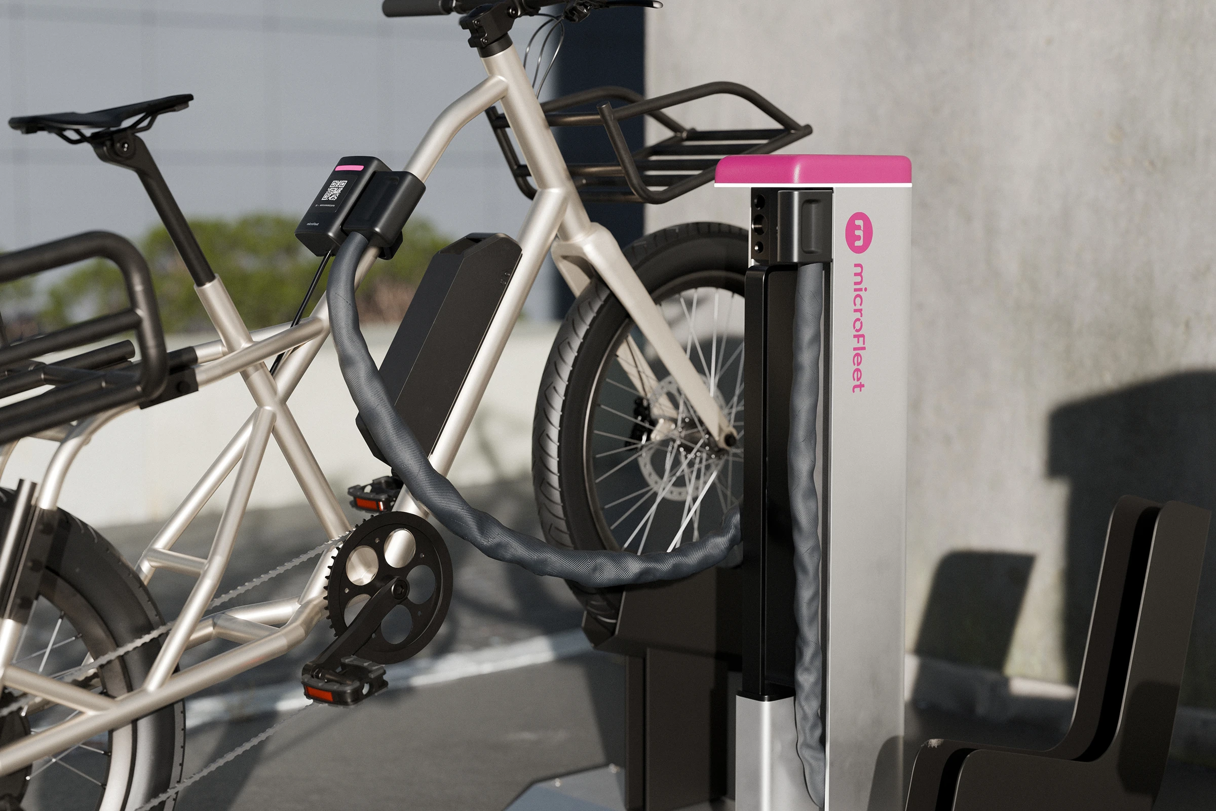 A product rendering of the OneDock microFleet charging system. Designed and Engineered by Outerspace to securely lock and charge micro-mobility electric vehicles