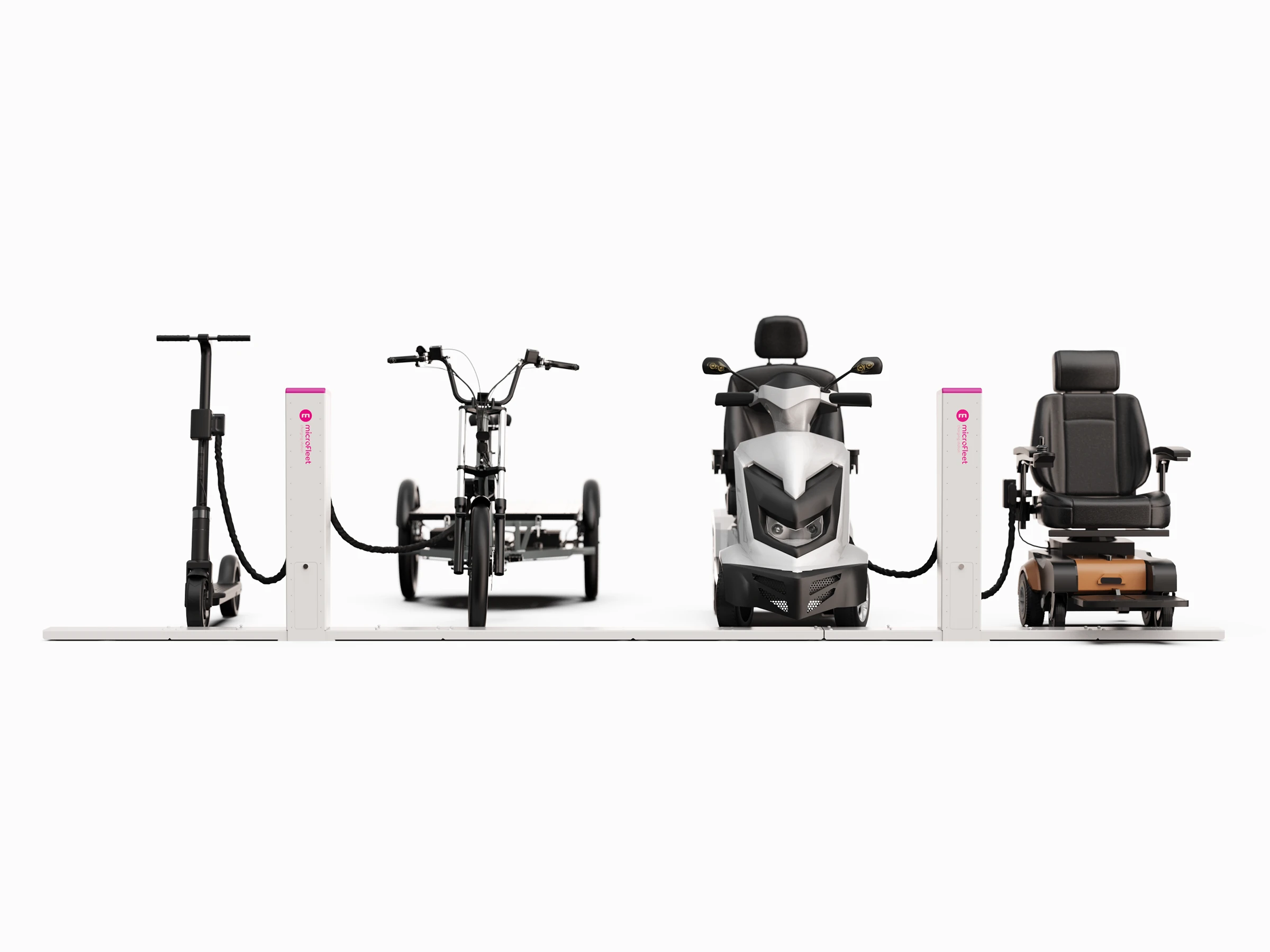 A product rendering of the OneDock microFleet charging system. Designed and Engineered by Outerspace to securely lock and charge micro-mobility electric vehicles