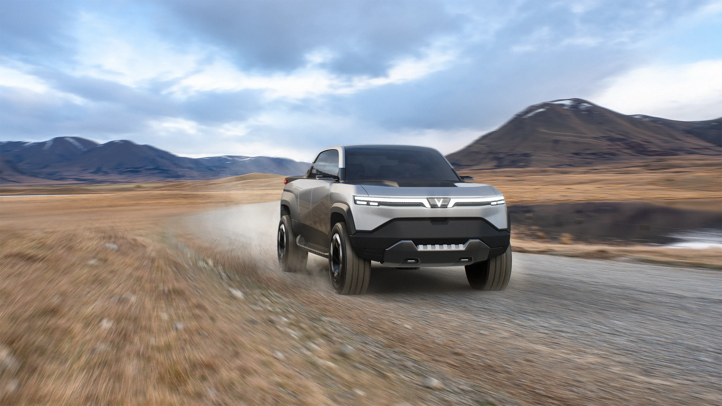 WILD Product Render. A render done by our Gomotiv team (Part of Outerspace) for our client Vinfast. The render shows the exterior of the Vinfast VF WILD electric pickup truck, designed by Gomotiv and Outerspace