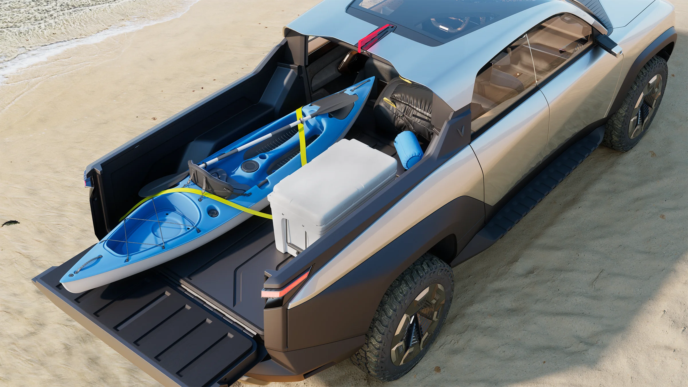 WILD Product Render. A render done by our Gomotiv team (Part of Outerspace) for our client Vinfast. The render shows the exterior of the Vinfast VF WILD electric pickup truck, designed by Gomotiv and Outerspace