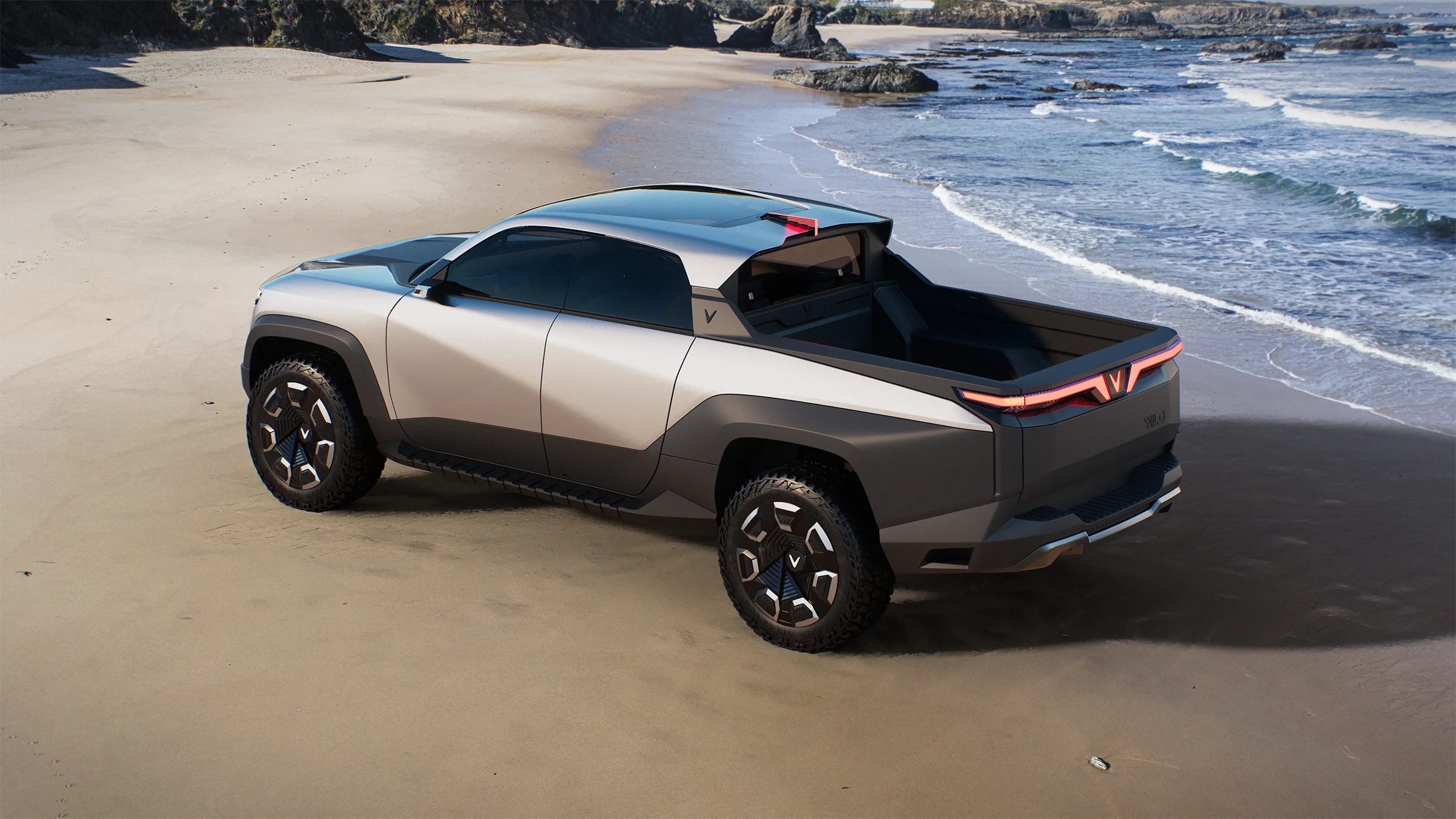 WILD Product Render. A render done by our Gomotiv team (Part of Outerspace) for our client Vinfast. The render shows the exterior of the Vinfast VF WILD electric pickup truck, designed by Gomotiv and Outerspace