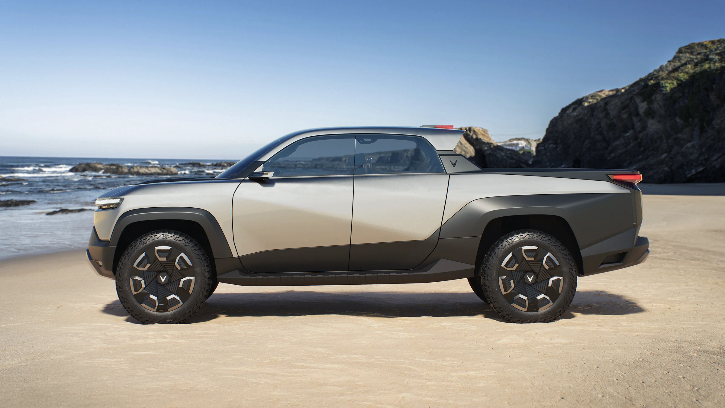 WILD Product Render. A render done by our Gomotiv team (Part of Outerspace) for our client Vinfast. The render shows the exterior of the Vinfast VF WILD electric pickup truck, designed by Gomotiv and Outerspace