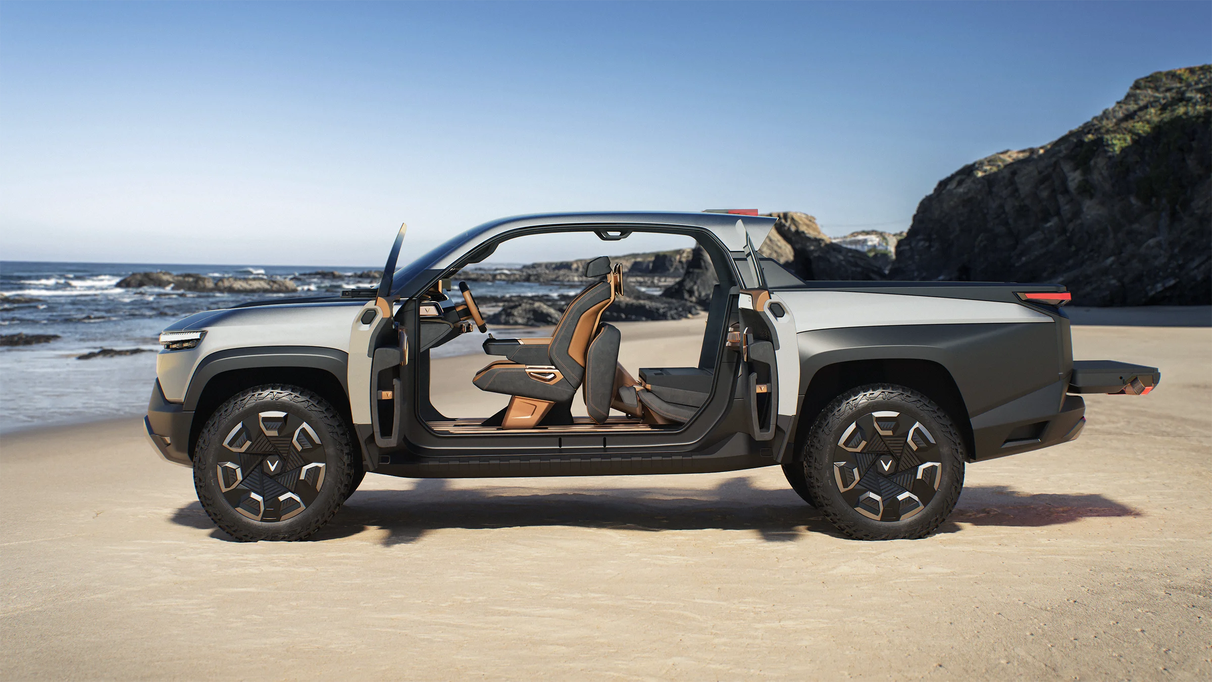 WILD Product Render. A render done by our Gomotiv team (Part of Outerspace) for our client Vinfast. The render shows the exterior of the Vinfast VF WILD electric pickup truck, designed by Gomotiv and Outerspace