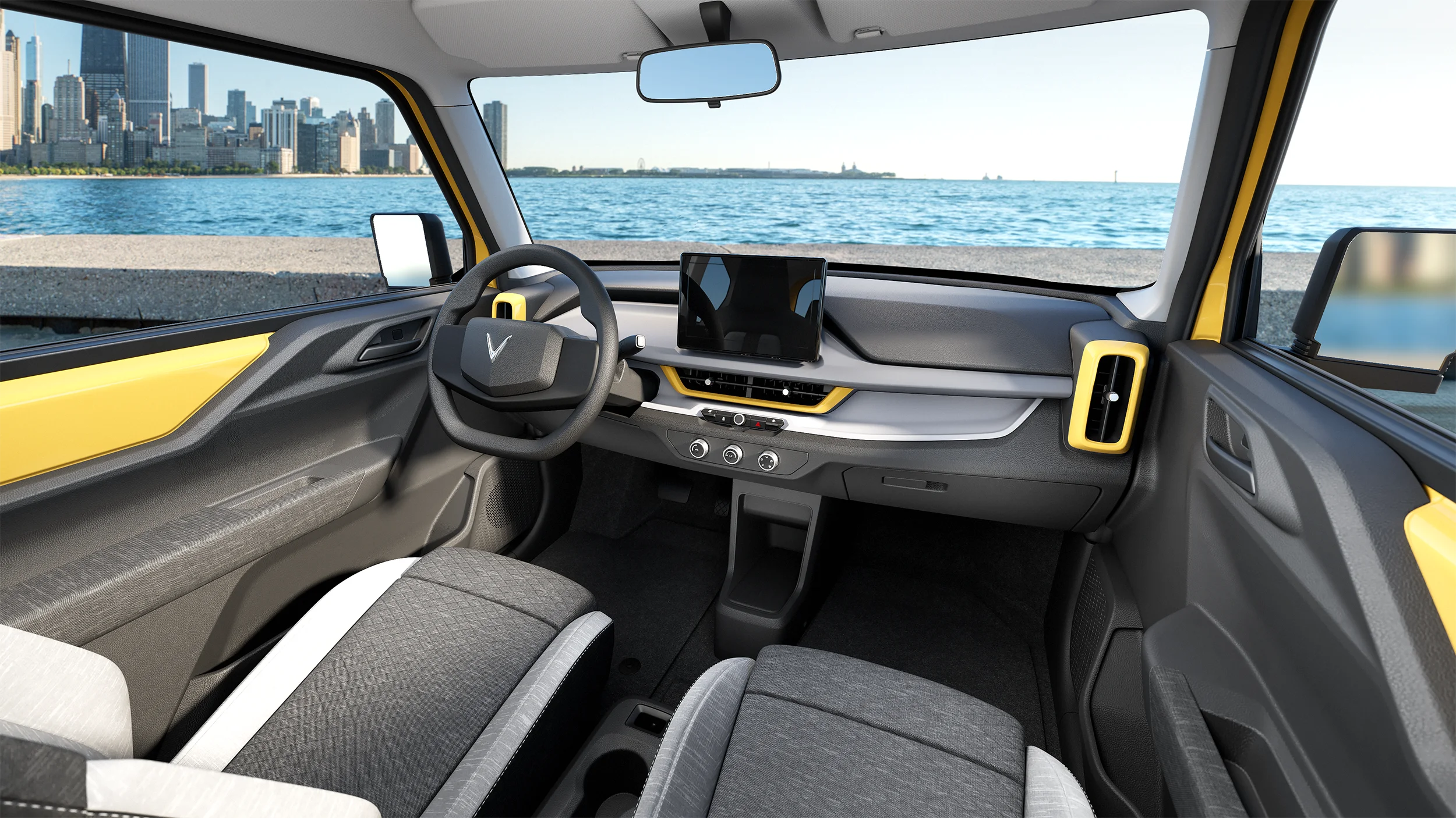 VF3 Product Render. A render done by our Gomotiv team (Part of Outerspace) for our client Vinfast. The render shows the inside of the VF3 Micro electric vehicle, designed by Gomotiv and Outerspace