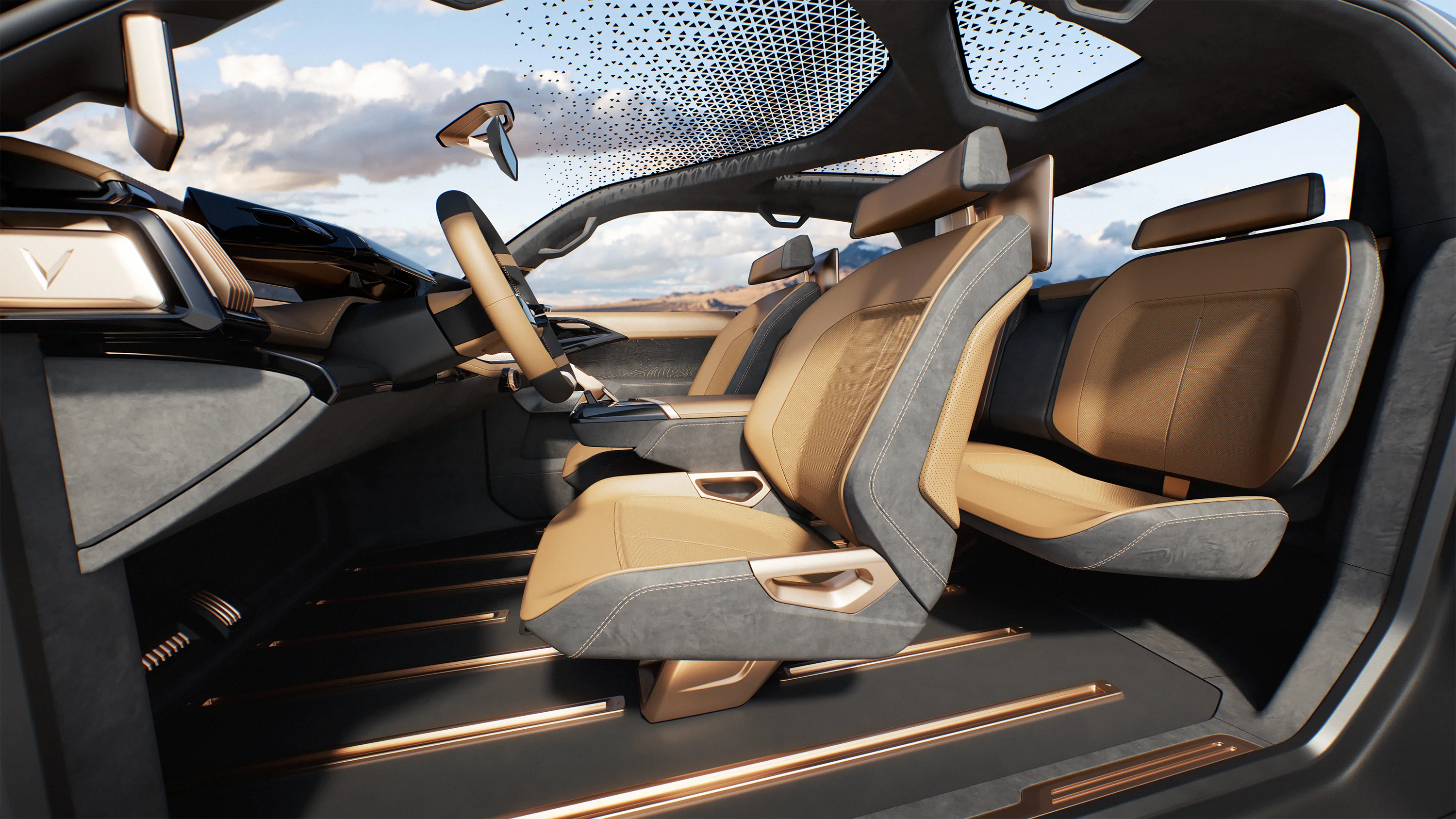 WILD Product Render. A render done by our Gomotiv team (Part of Outerspace) for our client Vinfast. The render shows the interior of the Vinfast VF WILD electric pickup truck, designed by Gomotiv and Outerspace