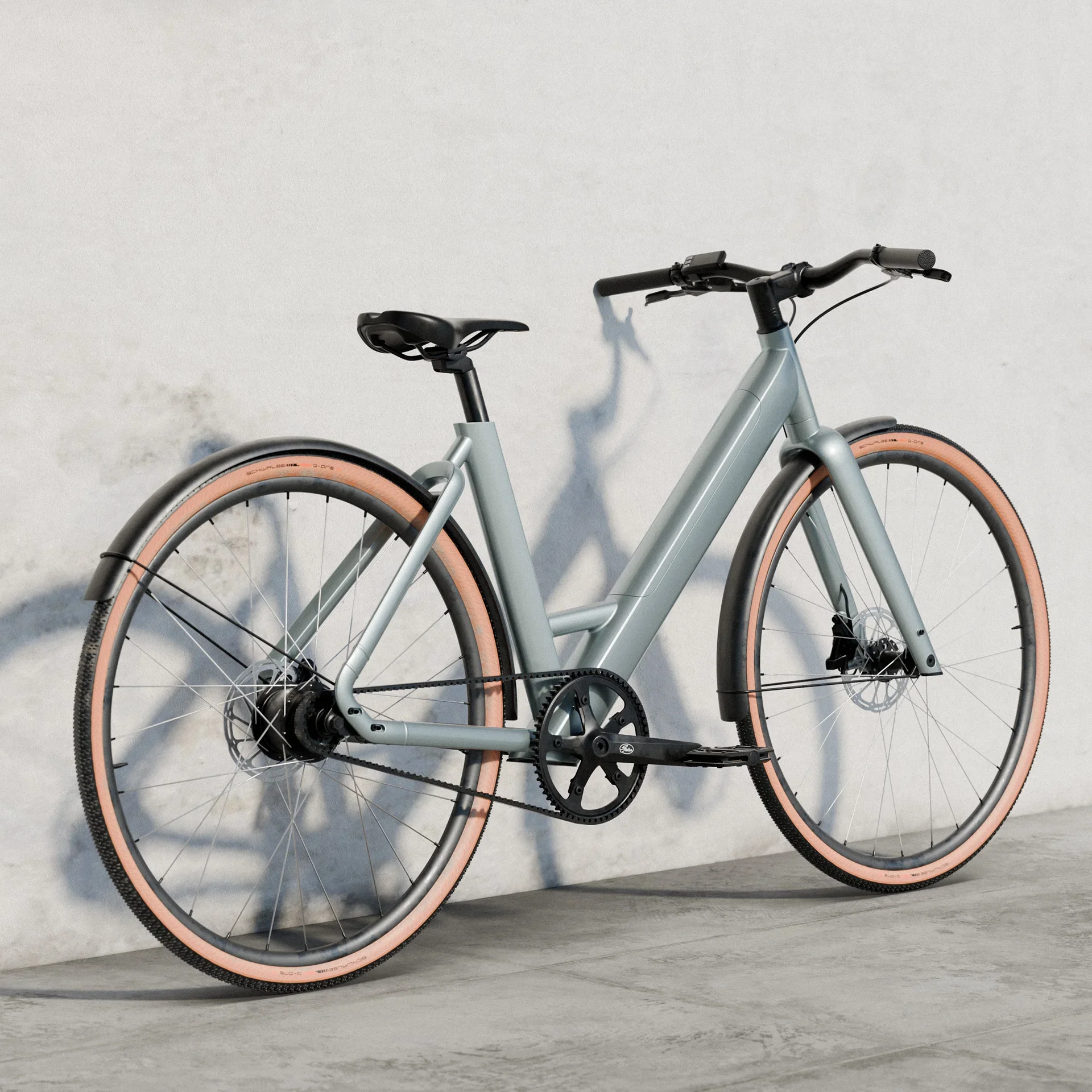 Product render of the Outerspace designed urban electric bike. Hero image of the whole bike with a light blue frame. E-bike with belt drive and step-over frame