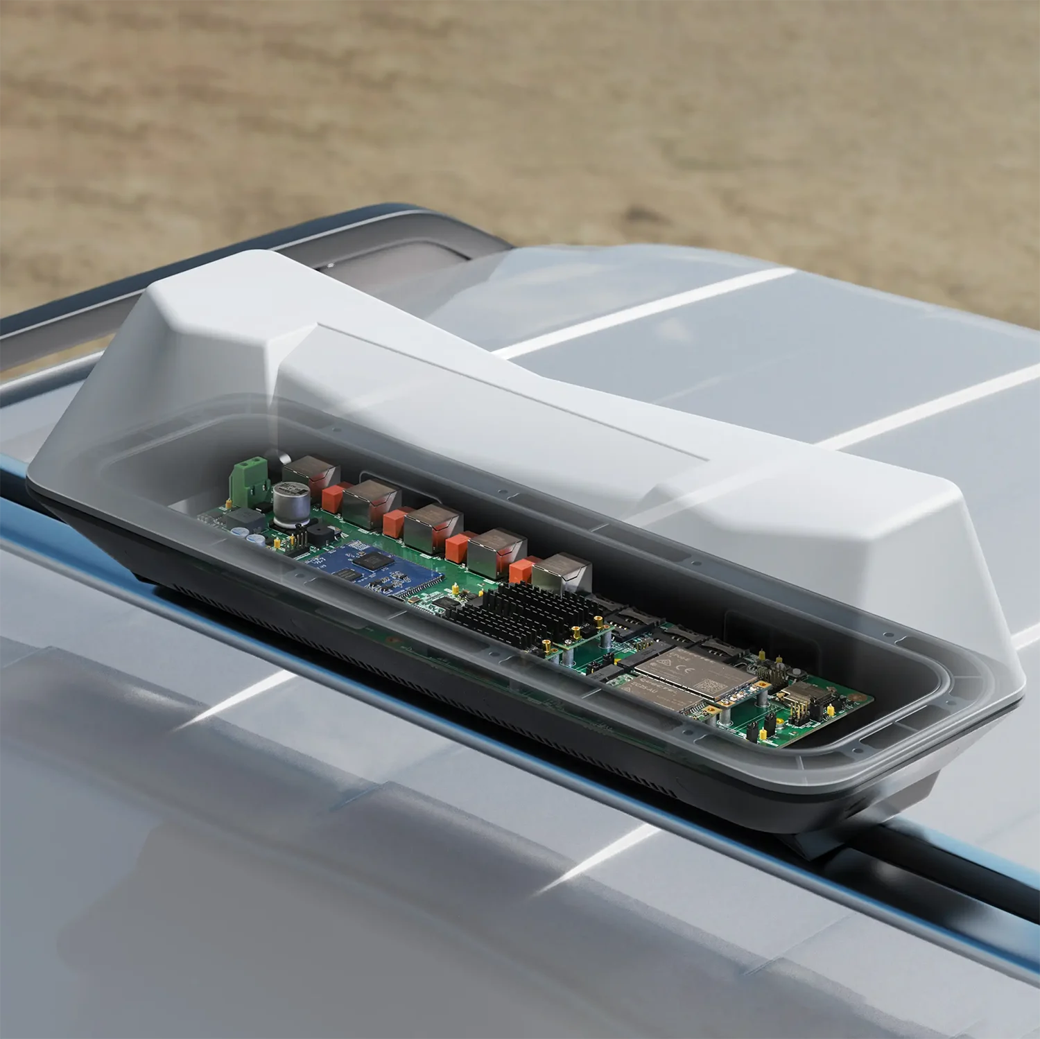 outerspace_zetifi_banner. Xray image showing the roaming wifi board within the plastic housing mounted to a car roof