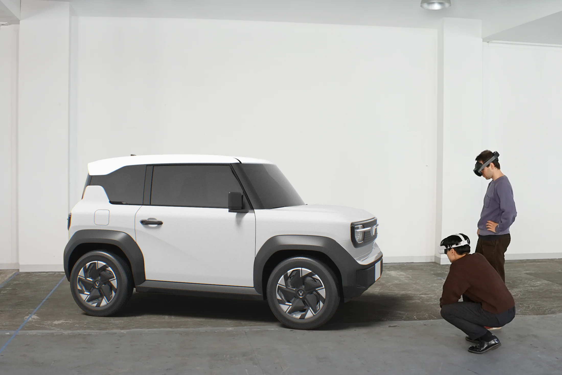2 Digital Industrial Designers study the A-class surface of the Outerspace-Gomotiv designed VF3 Vinfast mini-eSUV. Digital Sculpting