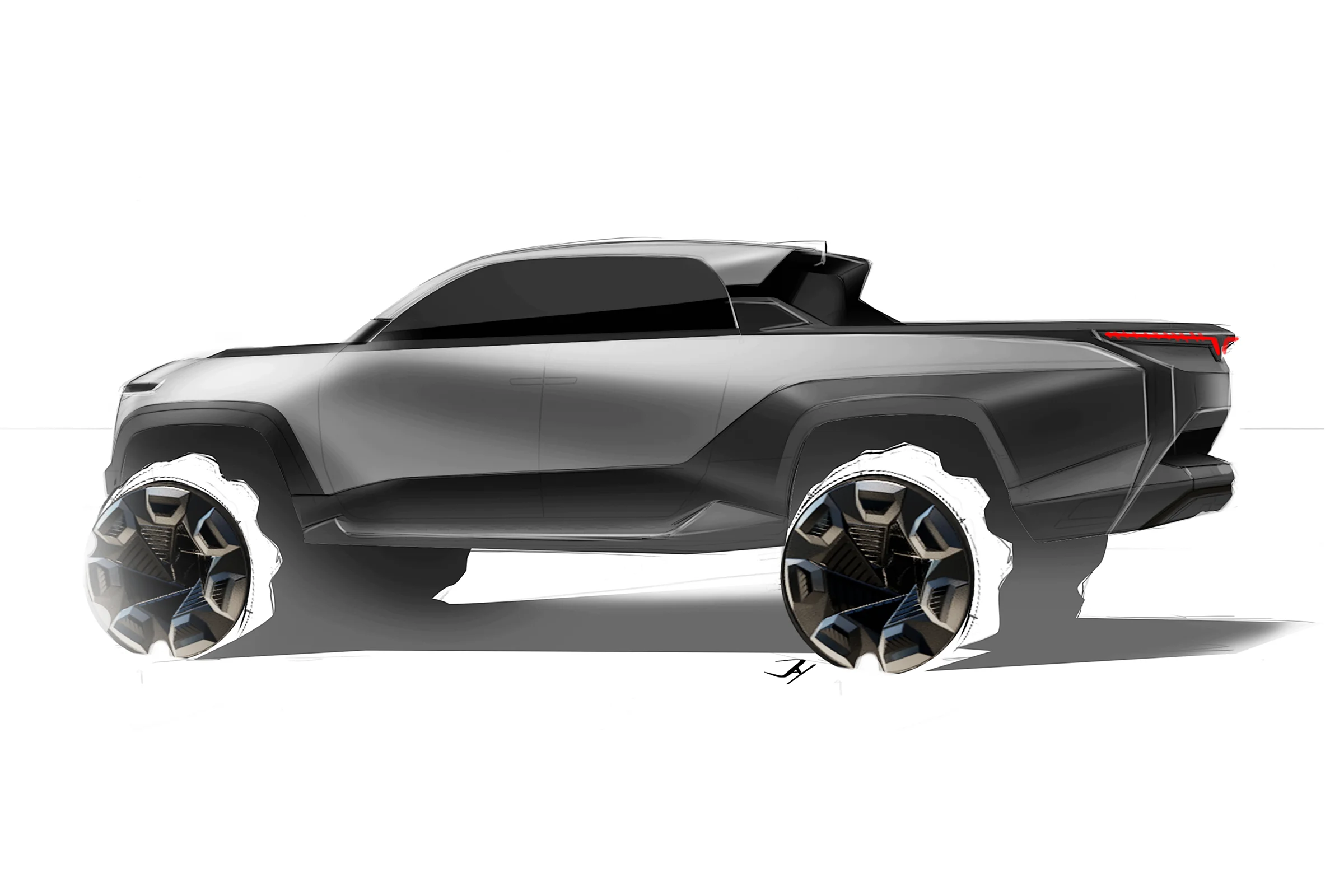 WILD Product sketch. A sketch done by our Gomotiv team (Part of Outerspace) for our client Vinfast. The sketch shows the exterior of the Vinfast VF WILD electric pickup truck, designed by Gomotiv and Outerspace