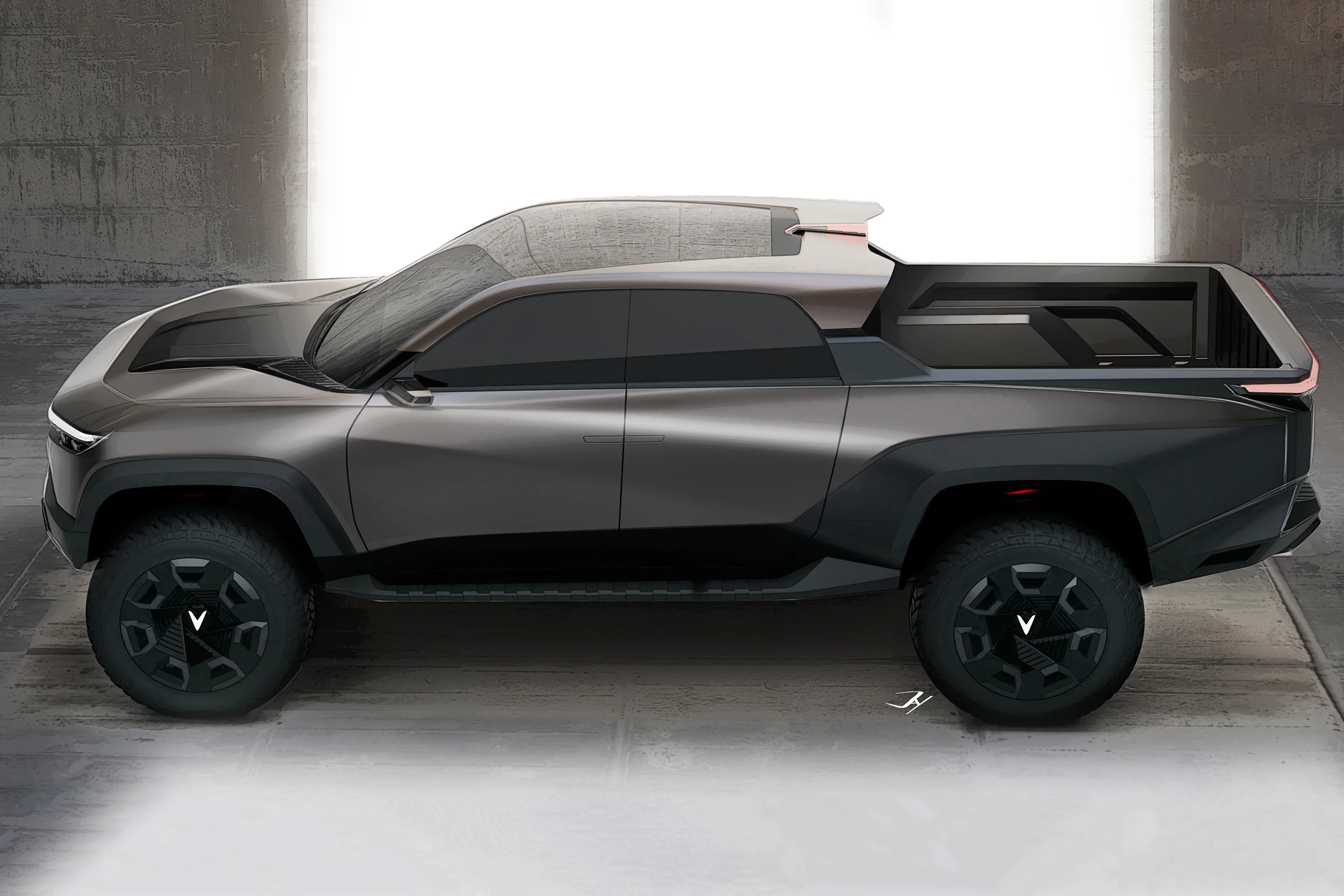 WILD Product sketch. A sketch done by our Gomotiv team (Part of Outerspace) for our client Vinfast. The sketch shows the exterior of the Vinfast VF WILD electric pickup truck, designed by Gomotiv and Outerspace